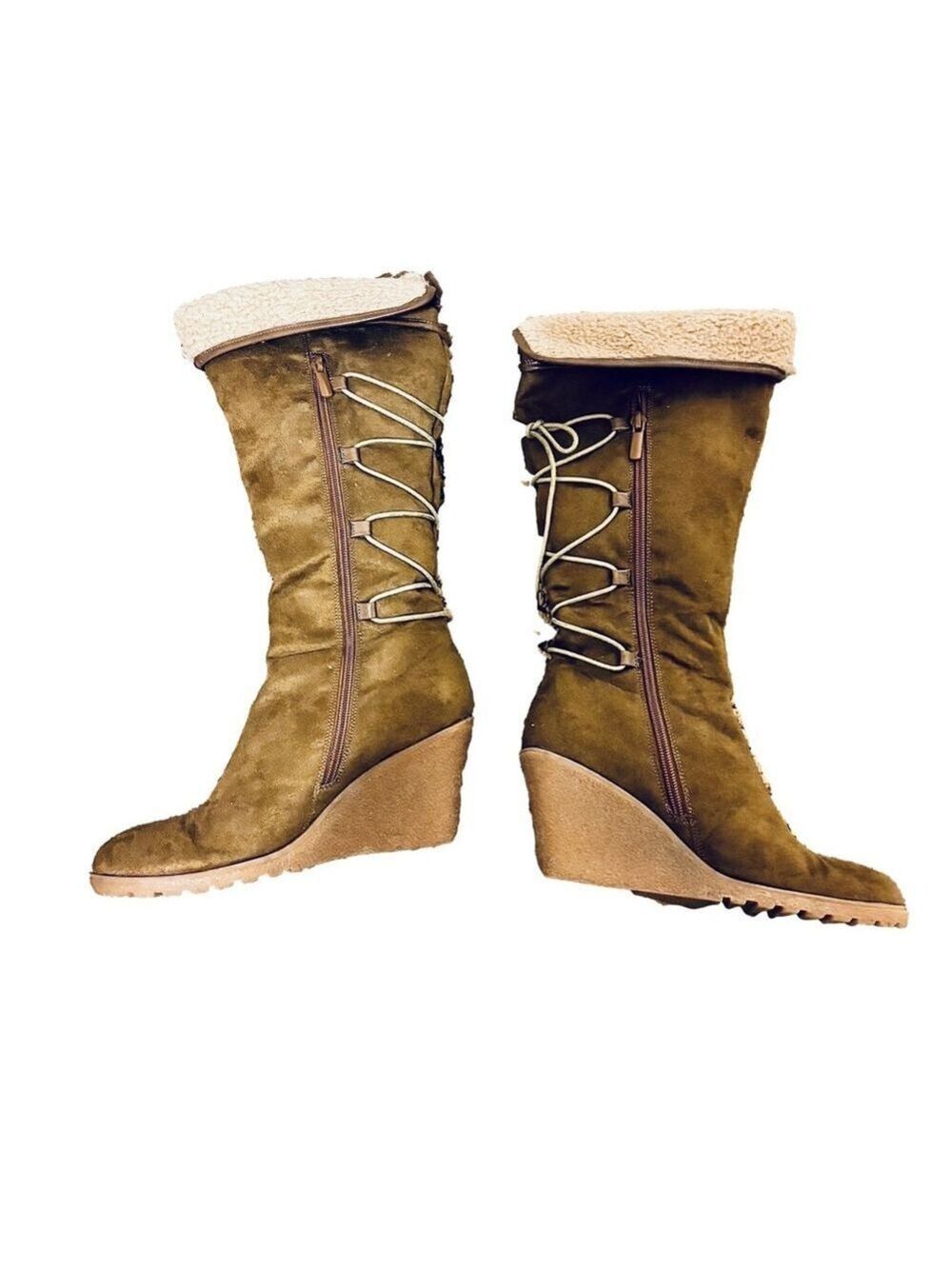 Light Brown Lace Up Zipper Wedge Boots - Picture 5 of 15